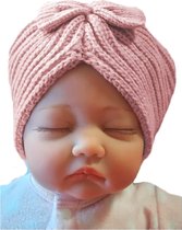 Pesci - Gebreide Baby Tulband Muts met Strik - 0/3 mnd - Dusty Pink