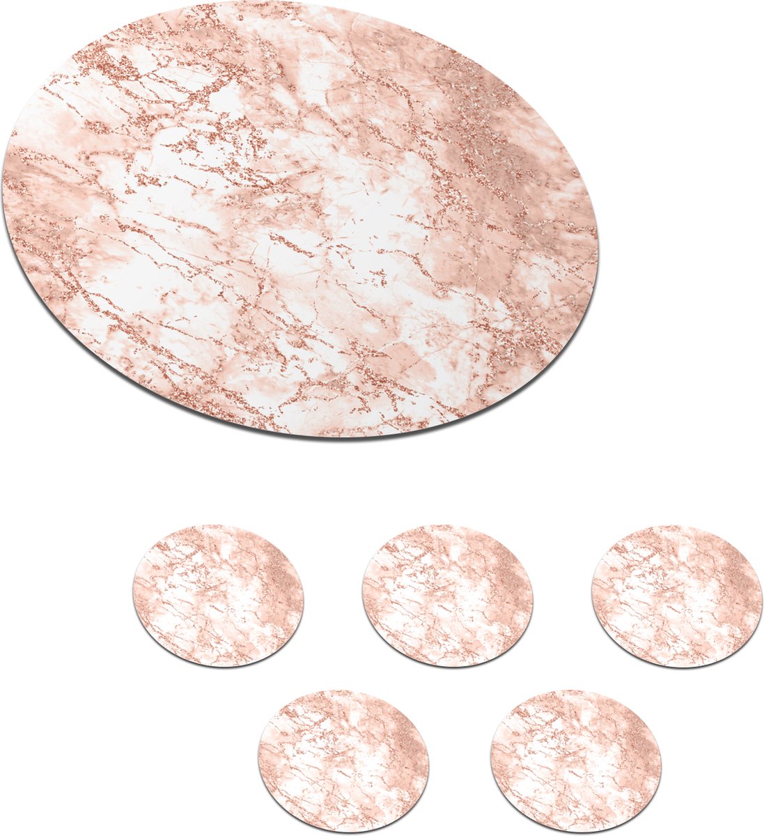 Onderzetters voor glazen - Rond - Marmer - Wit - Roze - 10x10 cm - Glasonderzetters - 6 stuks