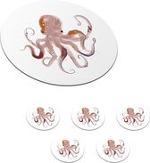 Onderzetters voor glazen - Rond - Octopus - Zee - Waterverf - Tekening - 10x10 cm - Glasonderzetters - 6 stuks