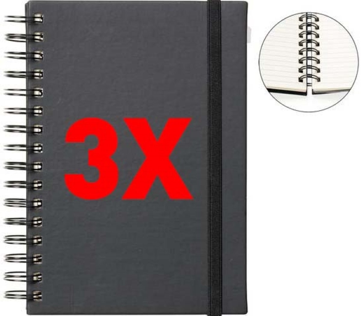 Notitieboek A5 zwart harde kaft en elastiek met motief 3 stuks in een verpakking