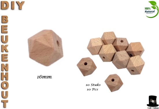 Twaalf facetten, 16mm houten kralen van beukenhout met een 3,5-4mm gaatje, 10 stuks.