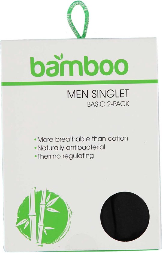 Emballage de débardeurs basiques pour hommes en bambou. Texte 'Bamboo MEN SINGLET BASIC 2-PACK', 'Plus respirant que le coton', 'Naturellement antibactérien', 'Thermo regulating'.