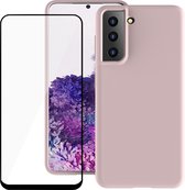 Samsung Galaxy S21 FE Hoesje Soft Silky Skin Case Anti Shock Siliconen Back Cover Hoes Roze - Screenprotector Beschermglas Gehard Glas Tempered Glass Full Screen Protector