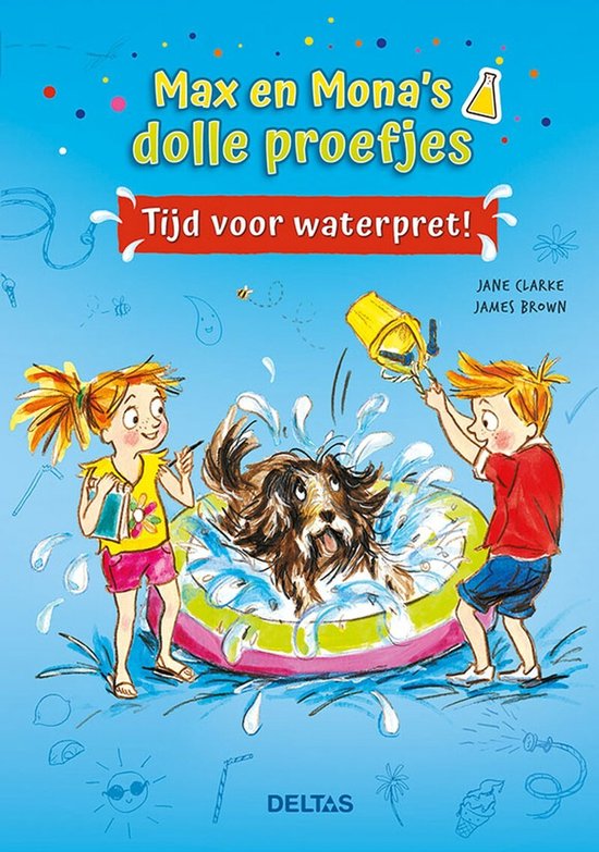 Max en Mona's dolle proefjes: Tijd voor waterpret! Een meisje en jongen met een hond in een zwembadje.