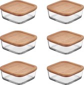 Joy Kitchen glazen vershoudbakjes - 1150 cc - Set van 6 - meal prep bakjes - Vershoudbakjes glas vleeswarendoos - Vershoudbakjes set met deksel - Glas en hout