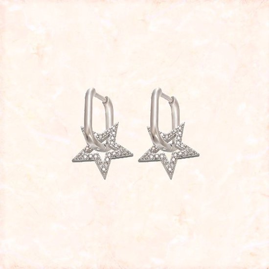 Jobo By JET - Twinkle earrings - Silver - Ster oorbellen - Zilver - Witte diamantjes - ovalen oorbelletje