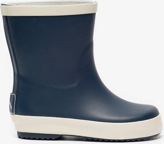 Botte de pluie bleu foncé avec bordure beige en haut et en bas.