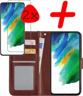 Samsung Galaxy S21 FE Hoesje Bookcase Met 2x Screenprotector - Samsung Galaxy S21 FE Case Hoes Cover - Samsung Galaxy S21 FE 2x Screenprotector - Bruin