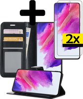 Hoesje Geschikt voor Samsung S21 FE Hoesje Book Case Hoes Wallet Cover Met 2x Screenprotector - Hoes Geschikt voor Samsung Galaxy S21 FE Hoesje Bookcase Hoes - Zwart
