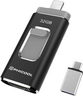 Phicool - 32GB USB stick – flashdrive – incl. USB-C Adapter - voor iPhone , Android en PC of Mac - USB, USB-C, Lightning, Micro-USB - Zwart