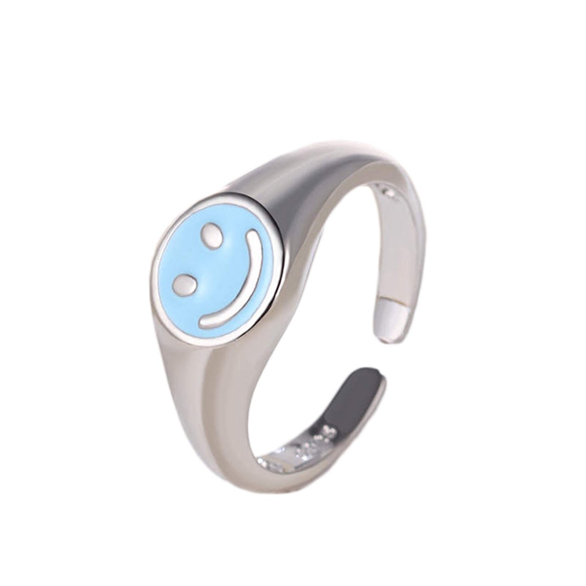 Smiley ring Zilver - Blauw - ring maat 17 - Ring Smile - Ring Emoji - Smileyring