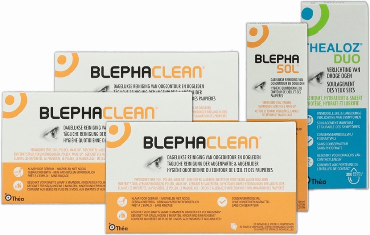 Oogzorgset: 3 x BlephaClean '+ 1 x BlephaSol '+ 1 x Thealoz Duo | oogverzorging - reiniging - oogdruppels - Blefaritis - 3maand pakket