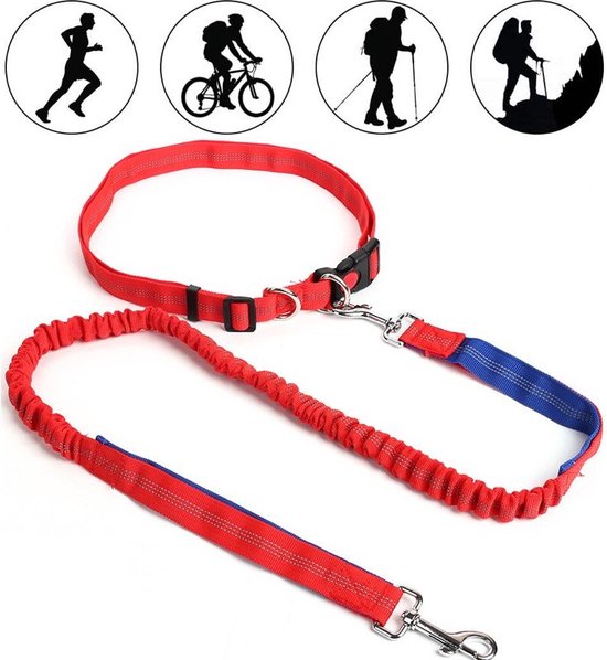 Handsfree Hondenriem - Hardlopen en Wandelen - Canicross Looplijn Hond met Heupriem - Handsfree Hondenriem - Hardlopen en Wandelen - Elastische Looplijn Hond - Reflecterend - Trainingslijn Rood / Blauw - 124 - 175cm