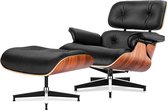 Friick - Luxe Loungestoel met Voetensteun - Voetenbankje - Zwart met Hout- Lounge Fauteuil - Kantelbaar - Draaibaar - Leer