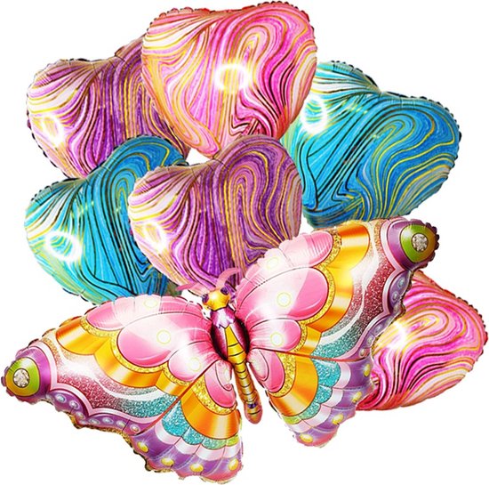 Grote Ballonnen Set Butterfly Love - 7 folieballonnen met lint en rietje - Vlinder & hartjes ballonnen - vriendschap liefde cadeau voor vrouw verjaardag feest versiering jubileum - communie babyshower geboorte - trouw decoratie bruiloft lente zomer