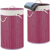 Relaxdays 2x wasmand bamboe - wasbox met deksel - 70 liter - rond - 65 x 41 cm - paars