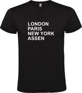 Zwart t-shirt met " London, Paris , New York, Assen " print Wit size S