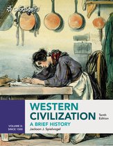 Boekomslag: WESTERN CIVILIZATION A BRIEF HISTORY, Volume II: Since 1500, 10th Edition. Een vrouw leunt op een tafel om te schrijven. Gecentreerd, 'Cengage' logo.