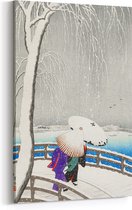 Schilderij op Canvas - 60 x 90 cm - Twee vrouwen in de sneeuw op de Yanagi-brug - Japanse kunst - Ohara Koson - Wanddecoratie - Muurdecoratie - Slaapkamer - Woonkamer