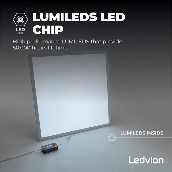 Ledvion LED Panel 60x60, 40W, 6500 Kelvin, 4000 Lumen |100lm/W), inbouwarmatuur voor rasterplafonds, LED driver met snelconnector, 5 jaar garantie, Voor kantoor - LEDVION
