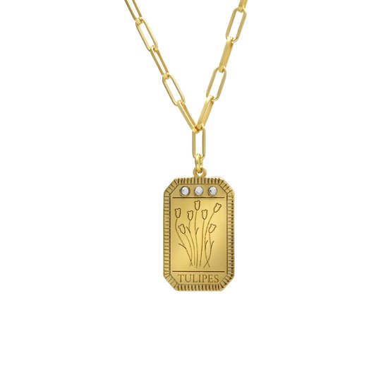Cadeau voor haar - Victoria Cruz A4072-TUDG Zilveren Ketting - Dames - Hangertje - Plaatje - 20 x 12,3 - Tulpen - Kristallen - Wit - Fantasie Schakel - 40 + 5 cm - 2,3 mm Breed - Zilver - Gold Plated (Verguld/Goud op Zilver)