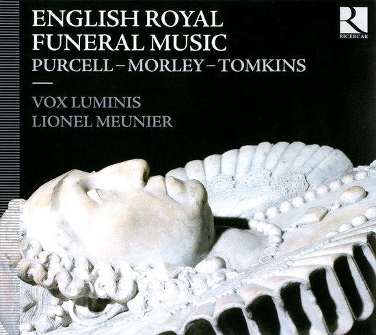 CD hoes met 'ENGLISH ROYAL FUNERAL MUSIC' en een sculptuur van een gezicht.