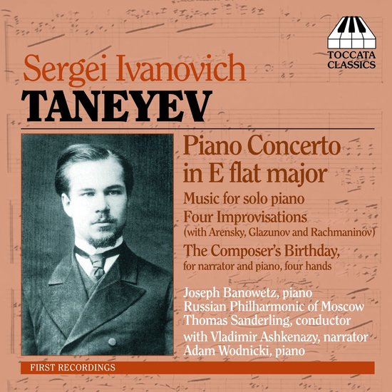 Portret van Sergei Taneyev, op de achtergrond bladmuziek met de titel 'Piano Concerto in E flat major'.