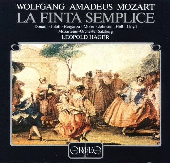 Wolfgang Amadeus Mozart, La Finta Semplice. Een schilderij van een bal in een paleistuin met gekostumeerde mensen.