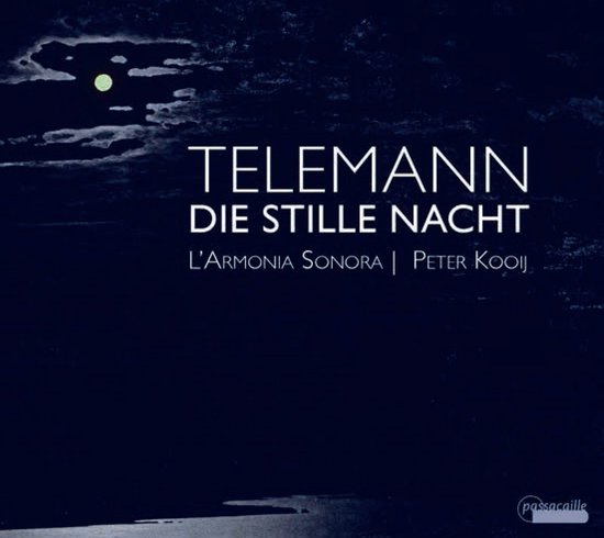 Albumhoes met donkerblauwe nachtelijke hemel, maan en tekst 'TELEMANN DIE STILLE NACHT L'ARMONIA SONORA PETER KOOIJ'