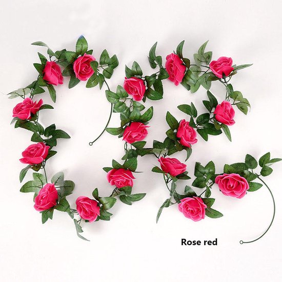 Bruiloft decoratie - Rozenbloemen slinger 16 bloemen - 2,2 meter - Valentijn - Huwelijk - Romantiek - bruiloft/Wedding - liefde - decoratie - aanzoek - Donker roze