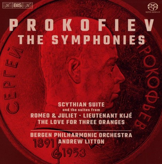 CD-hoes met portret van Prokofiev, Prokofiev: The Symphonies. Met Scythian Suite, Romeo & Juliet, Lieutenant Kijé, The Love for Three Oranges. Bergen Philharmonic Orchestra, Andrew Litton.