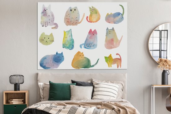 Canvas schilderij 160x120 cm - Wanddecoratie Katten - Illustratie - Kleuren - Muurdecoratie woonkamer - Slaapkamer decoratie - Kamer accessoires - Schilderijen