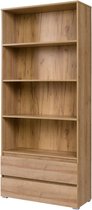 InspireMe- Boekenkast, vakkenkast met twee lades, Boekenrek, rek, opbergrek met 4 niveaus, boekenplank - BxDxH (92x34x204)  M03 MOON (Riviera eik)