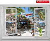D&C Collection - tuinposter - 90x65 cm - doorkijk - wit luxe venster Beachbar Willemstad Curacao - cocktails - tuin decoratie - tuinposters buiten - schuttingposter - tuinschilderi