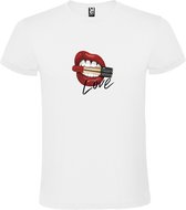 Wit t-shirt met grote print van Rode Mond / Lippen met Lipstick en tekst LOVE  Size L