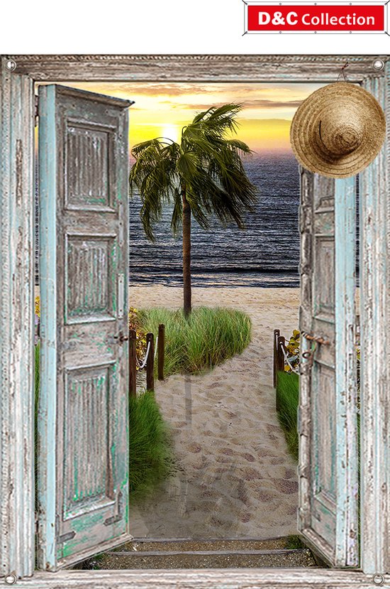 D&C Collection - tuinposter - 90x65 cm - doorkijk - strand tropische zonsondergang - palmboom - tuin decoratie - tuinposters buiten - schuttingposter - tuinschilderij