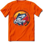 Fishing - Vissen T-Shirt | Grappig Verjaardag Vis Hobby Cadeau Shirt | Dames - Heren - Unisex | Tshirt Hengelsport Kleding Kado - Oranje - XXL