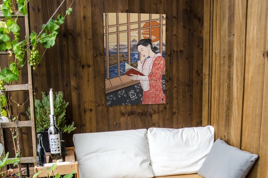 Posters de jardin extérieur dessin d'une femme lisant près de la fenêtre - 60x90 cm - Toile jardin - Affiche extérieure