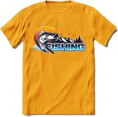 Fishing - Vissen T-Shirt | Grappig Verjaardag Vis Hobby Cadeau Shirt | Dames - Heren - Unisex | Tshirt Hengelsport Kleding Kado - Geel - XL