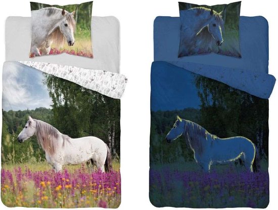 Dekbedovertrek paard 1 persoons 140x200 cm - meisjes dieren paard - glow in the dark dekbedovertrek wit paard lavendel - dekbed jongens