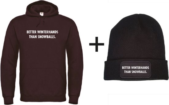 Set wintersport hoodie zwart S + muts - Better winterhands than snowballs - wit - soBAD. | Foute apres ski outfit | kleding | verkleedkleren | wintersport beanie | wintersporttruien | wintersport dames en heren