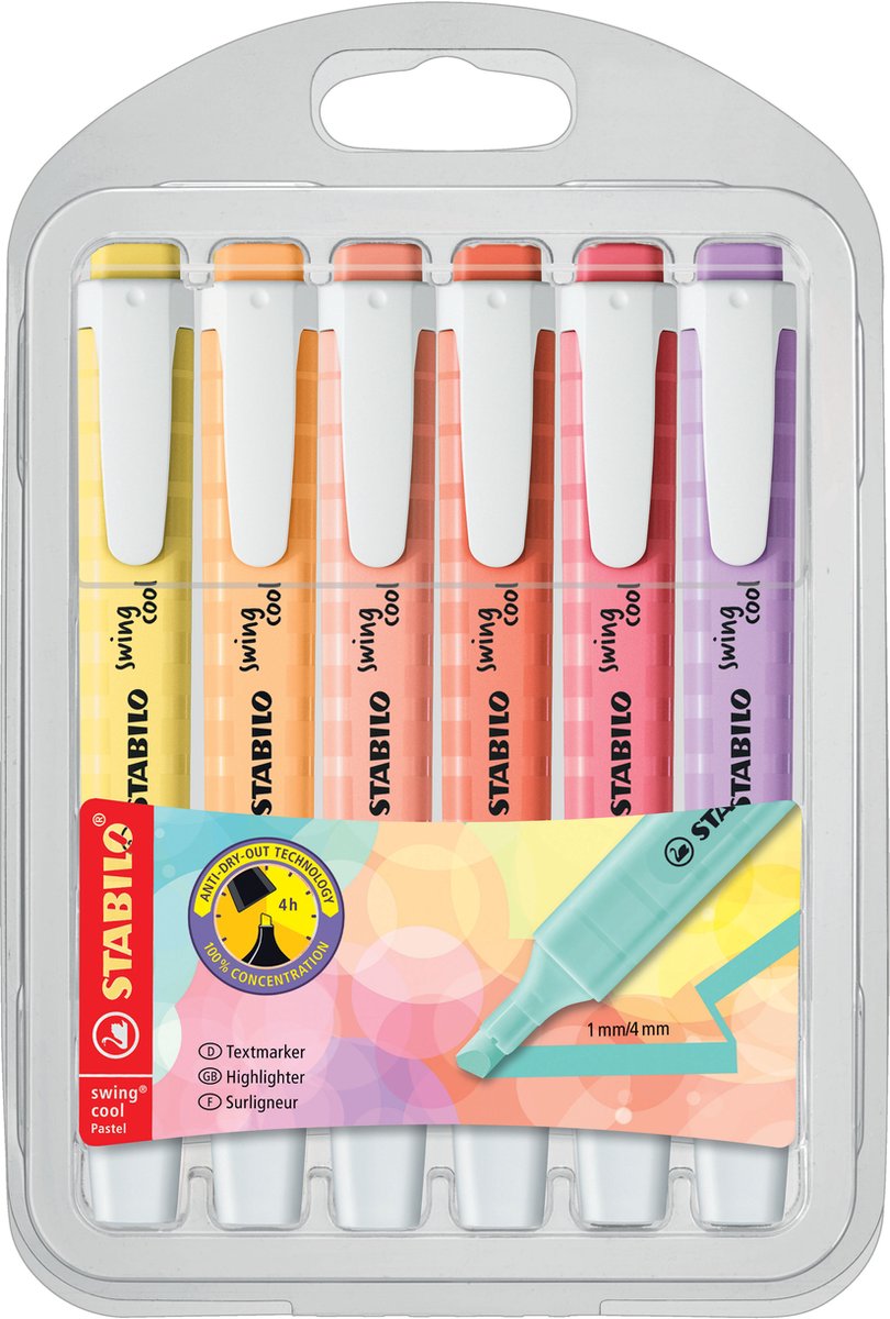 STABILO Swing cool Pastel IN WARME KLEUREN - Markeerstift - Etui Met 6 Pastel Kleuren