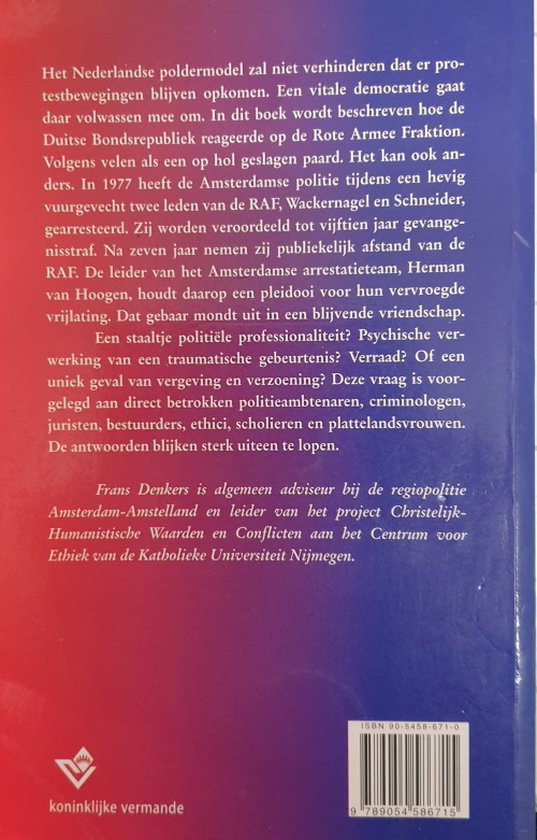 Achterkant boek. Tekst over de Nederlandse poldermodel en de Rote Armee Fraktion. Rechtsonder een ISBN-barcode.