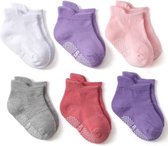 6 paar - Stevige Antislip sokken effen roze grijs paars  (1-3 jaar) - meisjes baby en dreumes enkelsokjes anti slip - Maat 21-24