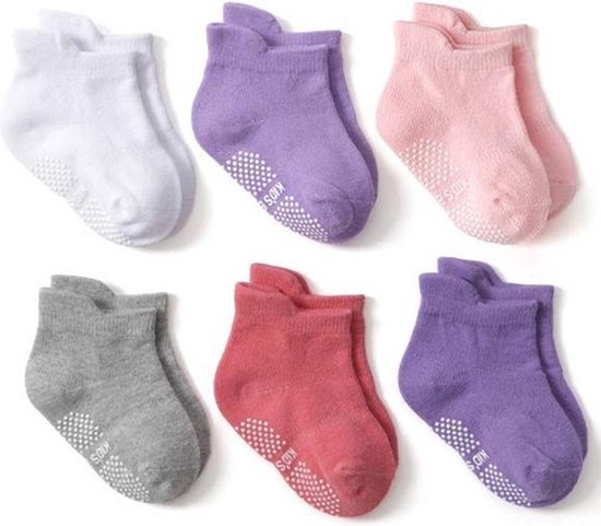 6 paar - Stevige Antislip sokken effen roze grijs paars (1-3 jaar) -  meisjes baby en... | bol.com