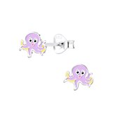 Joy|S - Zilveren octopus oorbellen - lila paars met geel - 7 mm