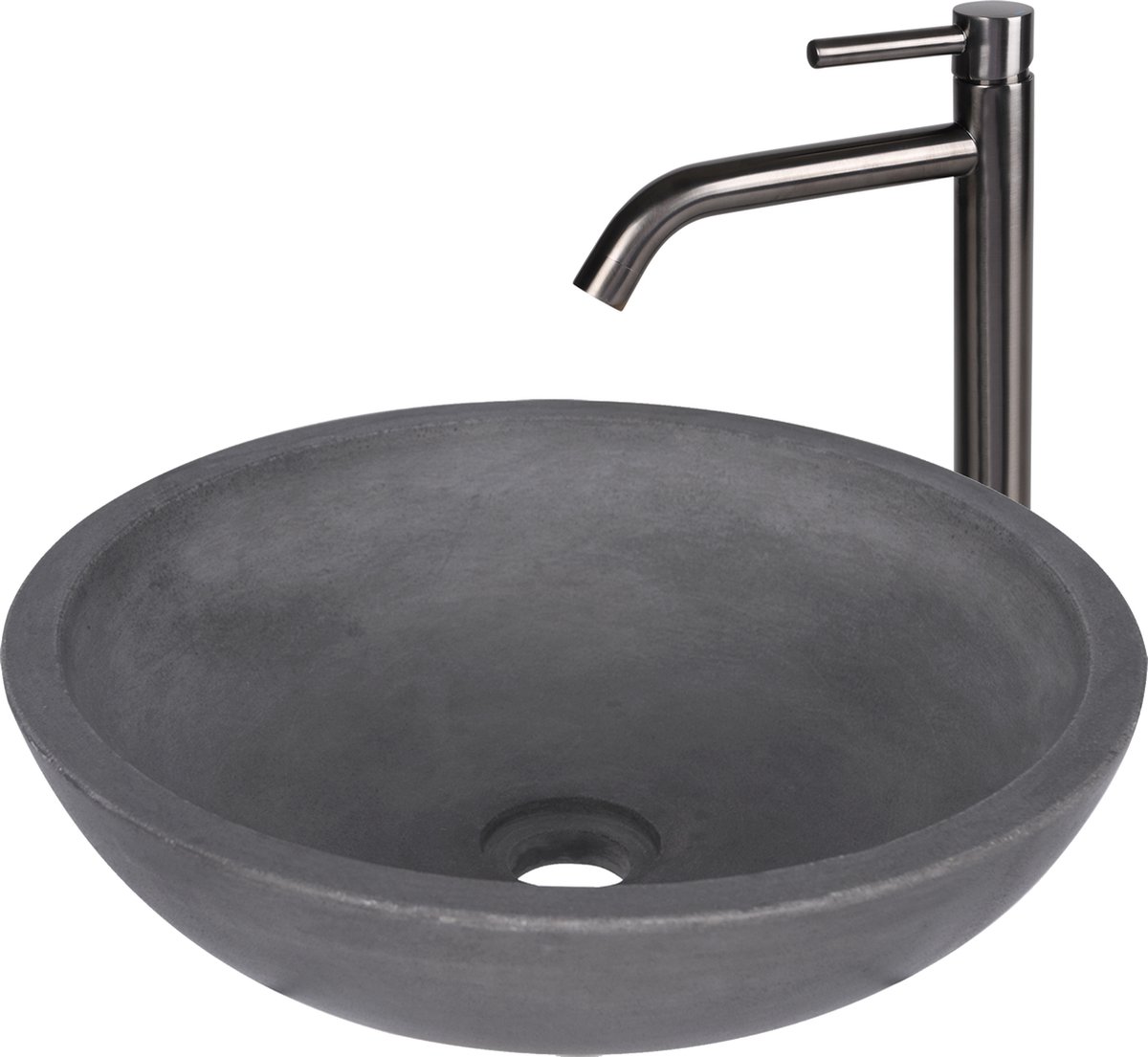 Differnz Ravano Fonteinset - Beton Donkergrijs - Hoge Wastafelkraan Gebogen - Kraan Warm & Koud - Gun Metal