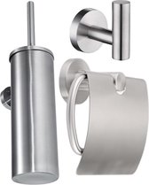 Toiletaccessoireset RVS 3-delig - Zilver - Luxe Toilet Set - Toiletborstel met Houder - Toiletrolhouder met klep - Handdoekhaak - Chroom Geborsteld
