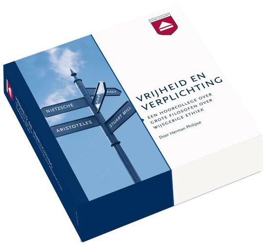Boek met de titel 'Vrijheid en Verplichting', met een kruis van filosofen op de voorkant: Nietzsche, Aristoteles, Sartre, Kant, Stuart Mill.