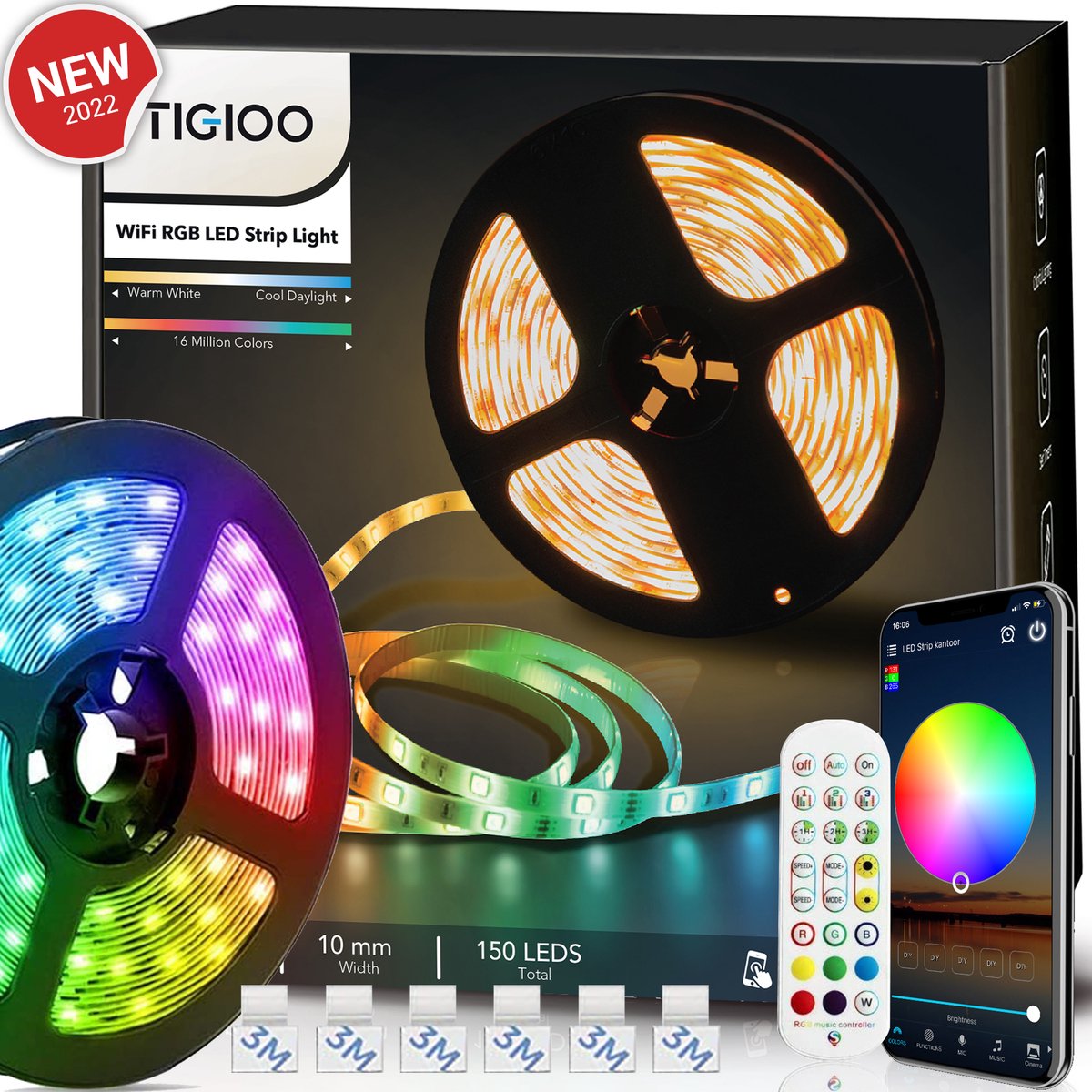 TIGIOO LED strip 5 meter - Wifi Lichtstrip met 16 kleuren - dimbaar - incl. App & Afstandsbediening - Zelfklevend